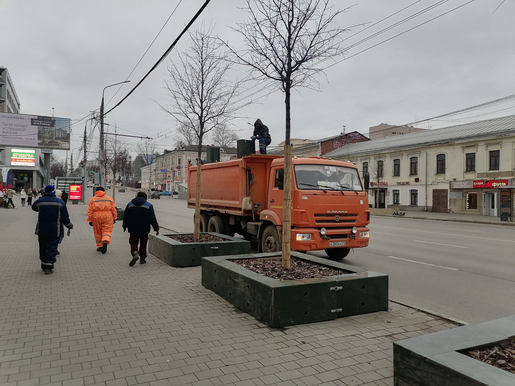 На проспекте Ленина на модули с зелеными насаждениями устанавливают защитные короба.